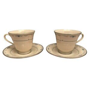 Lenox China Carolina Pattern Pair of Coffee Cups & Saucers Blue Flowers Vintage